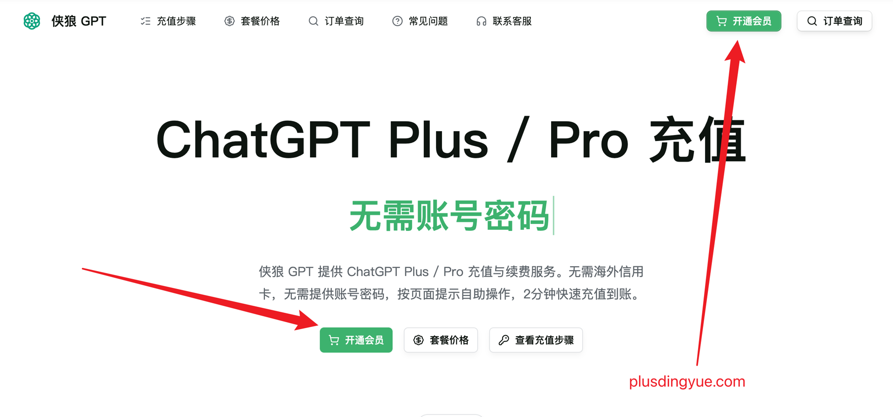 侠狼 GPT 网站首页开通会员入口截图